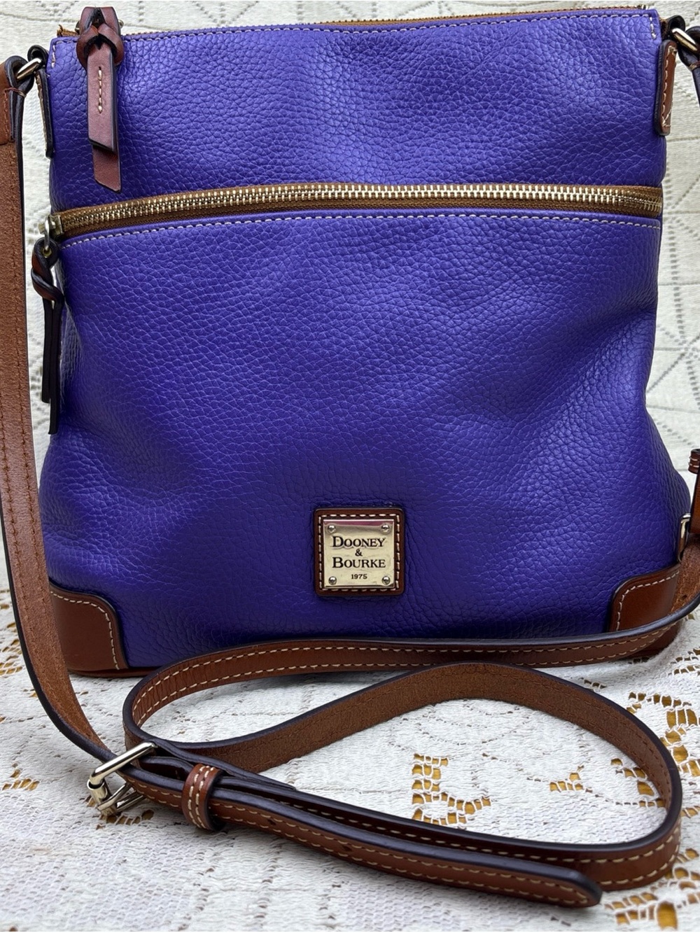Dooney & Bourke Purple Leather Crossbody with Brown Trim and Gold Hardware